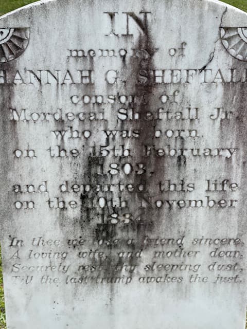Gravestone of Hannah G. Sheftall, wife of Mordecai Sheftall Jr., Savannah GA